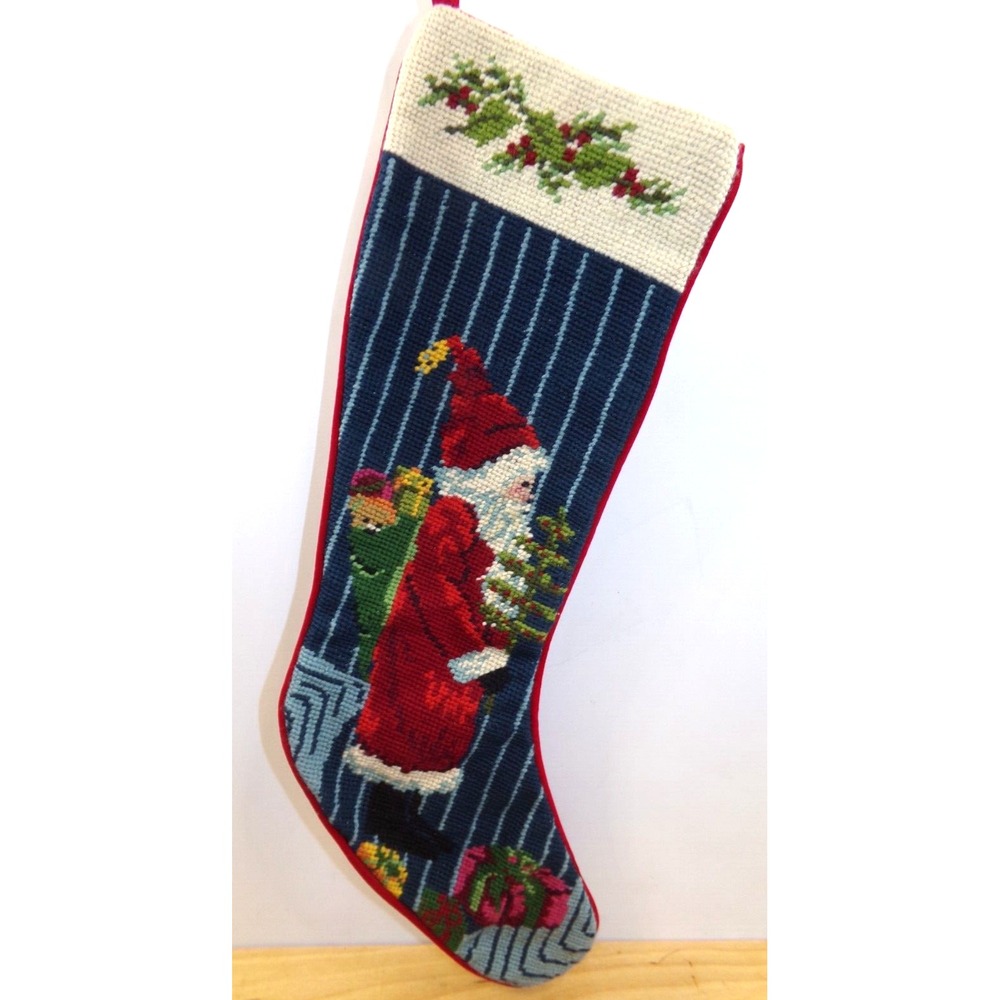Vintage Needlepoint Christmas Stocking Santa with Toy Bag Velvet Backing‎ 18"